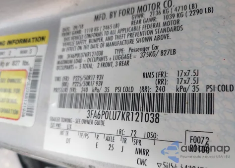 2019 Ford Fusion Hybrid Se из США, поврежденный, VIN 3FA6P0LU7KR121038